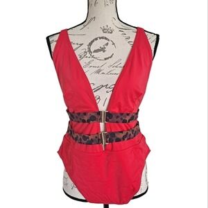 City Chic Red leopard sexy one piece swimsuit 16 cheeky beach plus size Nwt